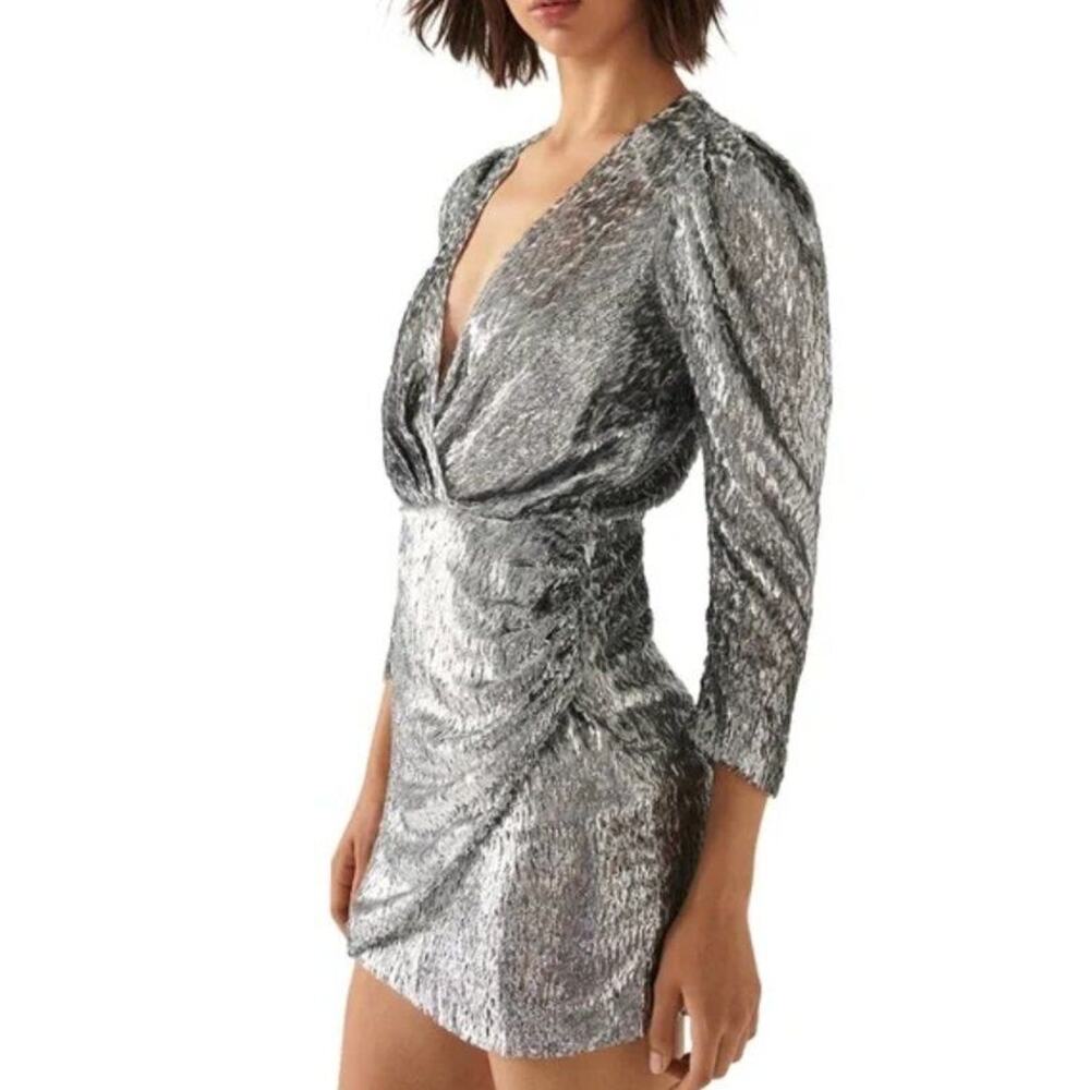 BA & SH Sz 2 M 6 Divina Robe Mini Dress Faux Wrap Silver NWT Silk Blend